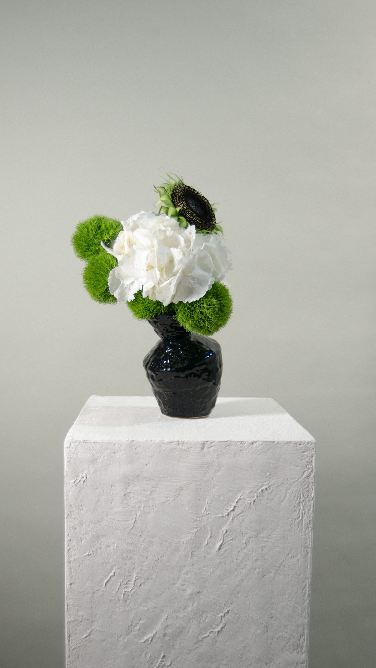 Hortensia et dianthus dans un vase noir, composition FLWR